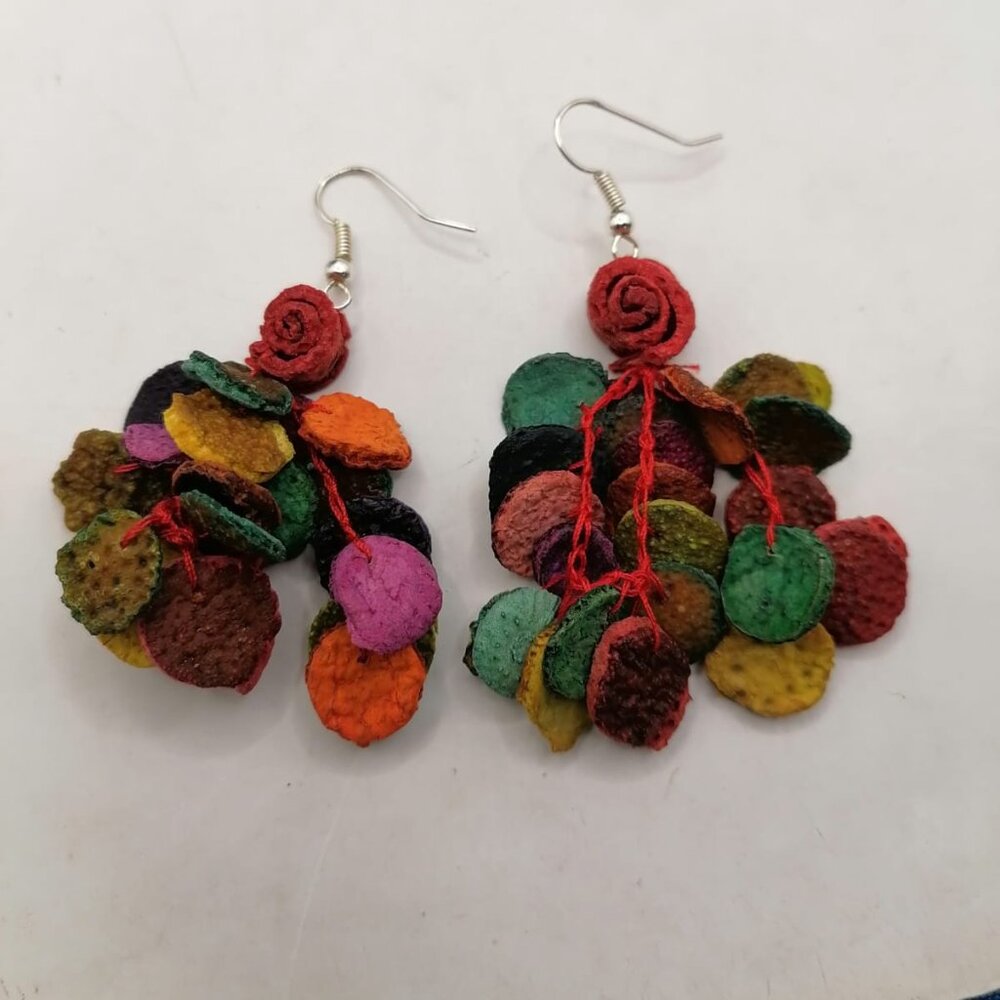 Multicolored Orange Shell Painted Earrings, Peruv… - image 3